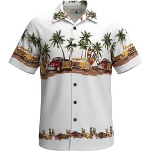 High Surf Men M Button Up White Jacquard Beach Shirt Retro Surf Wagon Cotton